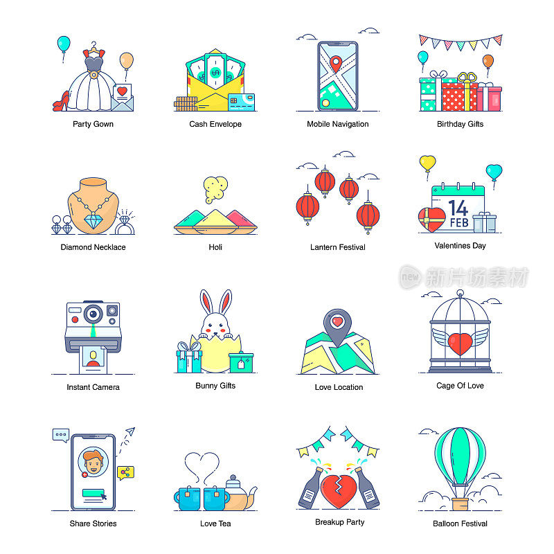 Party and Fun Flat Icons Set